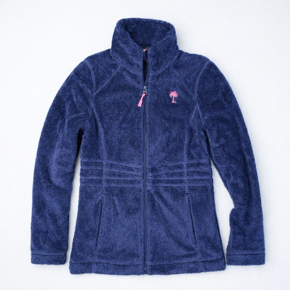 Lilly Pulitzer Maddie Fleece Jacket XS Blue Full Zip Pink Palm Logo Soft Cozy